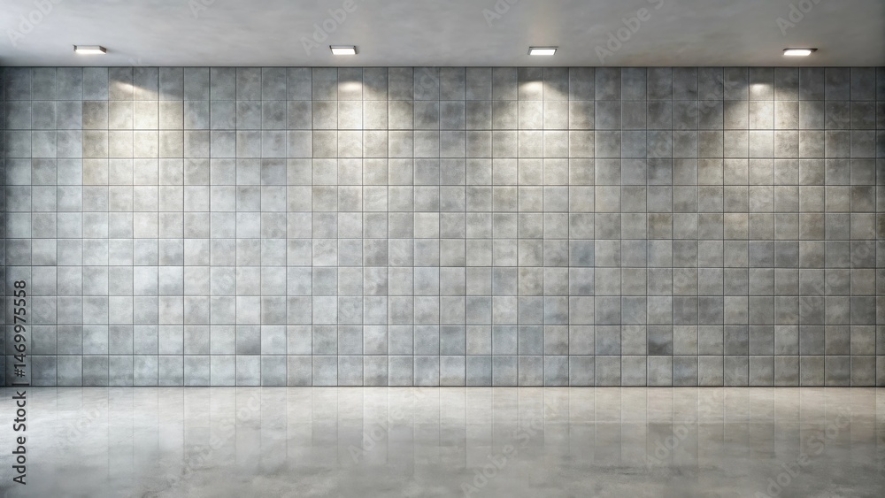 Poster empty room with tiled wall and polished floor under recessed lighting