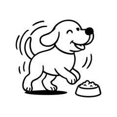 A dog twirling in circles near a food bowl, tail spinning like a propeller, drawn with joyful motion lines.