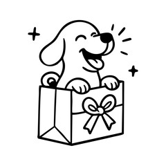 A surprised but happy dog emerging from an open box or bag, paws up, ears perked, full of playful energy.