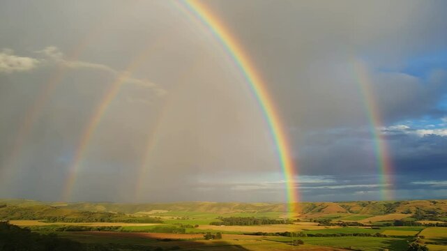 Majestic view of multiple rainbows over rolling green hills and verdant farmlands under a cloudy sky