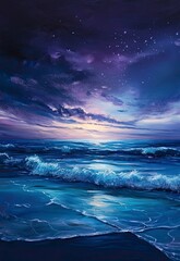 Painting of a beach with a dark sky and a large wave. The mood of the painting is calm