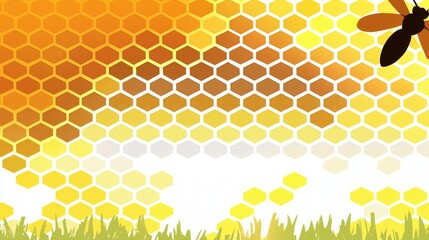 Warm yellow honeycomb pattern with bee and grass elements. For eco or organic product, ads, kids and education deisgn, spring or nature-themed design.