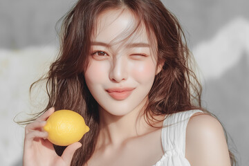 レモンを持ってウインクする若い女性のポートレート