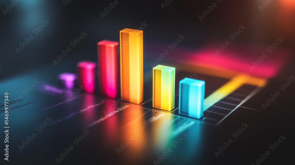 Poster colorful d bar chart with varying heights on a sleek surface, illuminated by soft lighting, creating