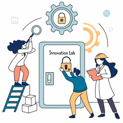 Team securing the innovation lab with lock and key in modern illustration