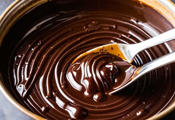 A bowl of melted chocolate on a wooden table.
