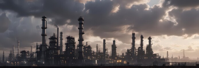 Naklejka premium Vast industrial complex, oil refinery silhouette against cloudy backdrop , processing, landscape