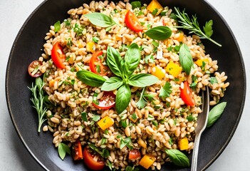 A bowl of farro salad with tomatoes and basil.