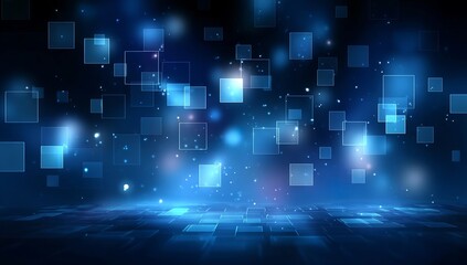 Abstract blue background with glowing squares and lights, suggesting a technology or digital design