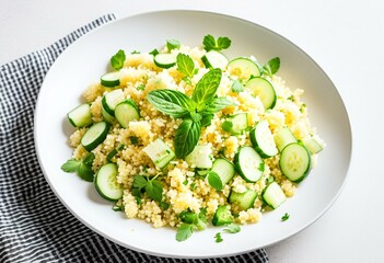 A bowl of couscous salad with cucumbers and feta cheese.
