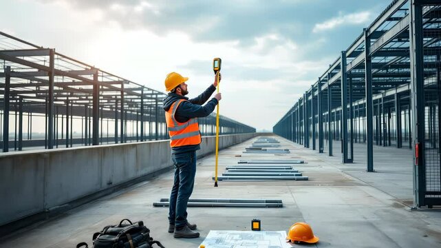 Surveyor measuring on unfinished bridge using leveling instrument. Concept of precision in civil engineering