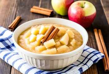 A bowl of apple crisp with cinnamon sticks on a plate.