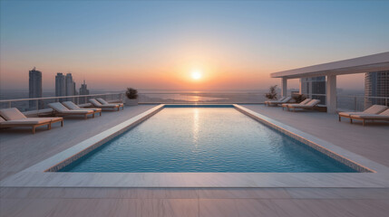 Sunrise rooftop infinity pool with panoramic city skyline

