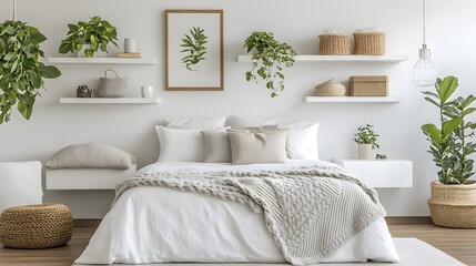 Modern bedroom interior with floating shelves and plants.