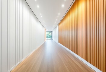 A long hallway with wooden slats on the walls.