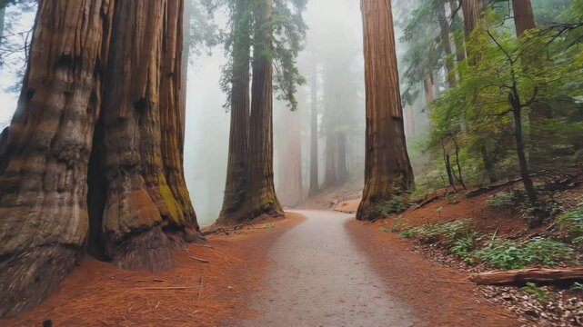 Serene pathway through a giant redwood forest surrounded by tall trees and misty fog in national park scenery