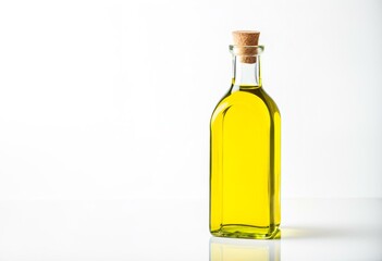 A bottle of olive oil sitting on top of a table.