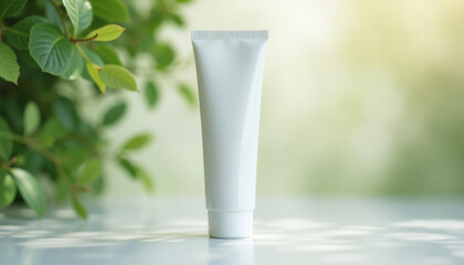 Minimalist White Tube on a Bright Surface with Greenery in the Background