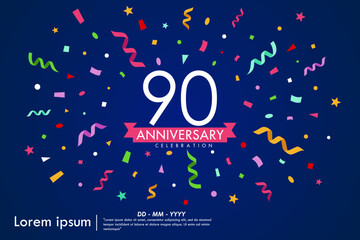 90th years anniversary celebration emblem. congratulations anniversary logo isolated with colorful confetti and stars and ribbons. vector illustration template design
