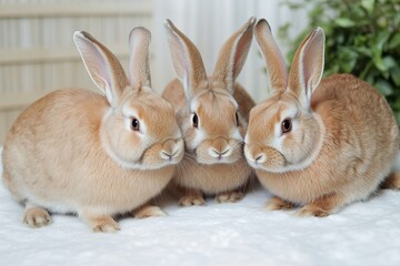 Three adorable light brown bunnies sitting close together on a soft white blanket, cozy indoor setting with cute and heartwarming mood