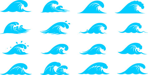 Water wave black silhouette icons vector set
