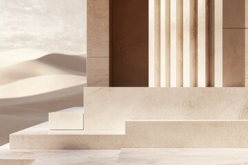 Minimalist beige stone architecture with a desert backdrop; serene and elegant.