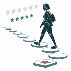 Businesswoman climbing steps achieving success and positive customer service ratings