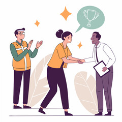 Business team celebrating success with a trophy symbol on a white background