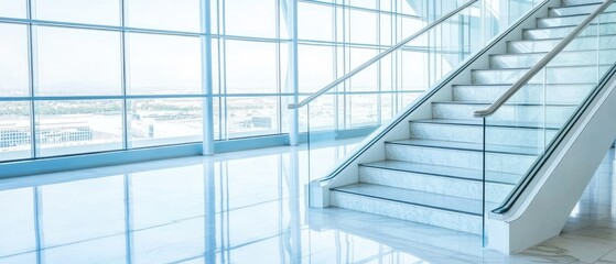 Obraz premium Modern glass stairway in a light-filled hall.