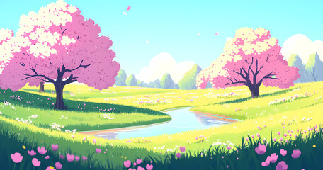 Fototapeta premium Springtime Meadow with Cherry Blossoms