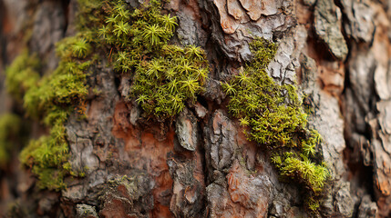 Detailed macro shot of textured tree bark with lush moss