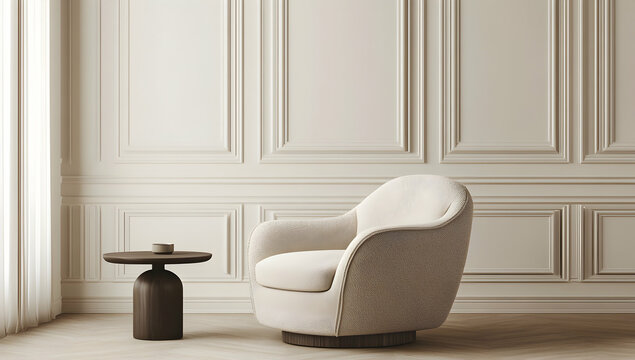 3D rendering of a modern interior design with a beige armchair and side table against a white wall with decorative molding paneling.