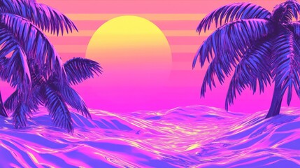 Synthwave Sunset Paradise: Neon Palm Trees & Vibrant Ocean