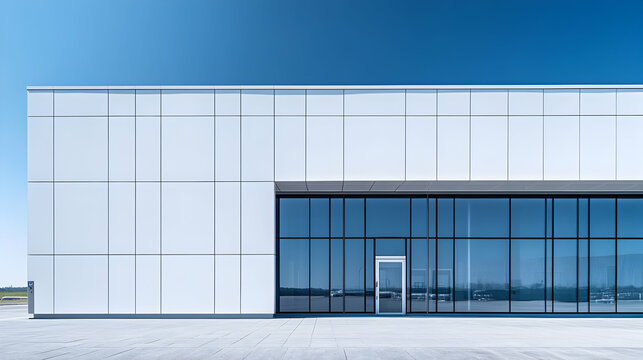 Modern building exterior with a glass facade and a clear blue sky.