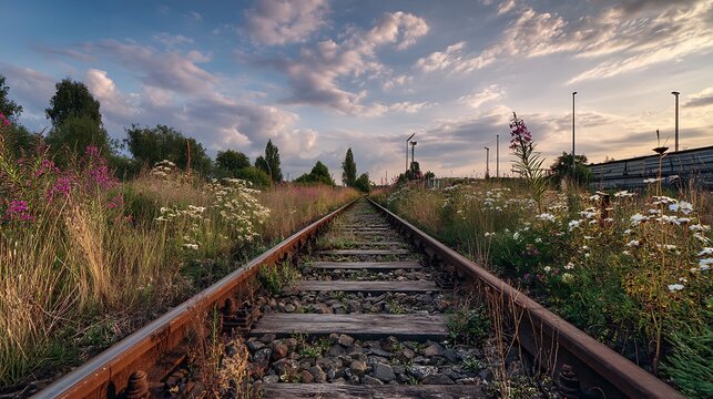 Empty railway tracks in a summer landscape .