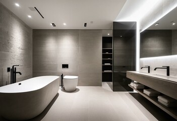 A bathroom with two sinks, a toilet and a shower.