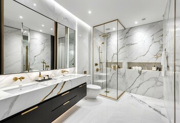 A bathroom with two sinks, a toilet and a walk in shower.