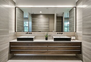 A bathroom with two sinks, a toilet and a bathtub.
