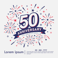 50th years anniversary celebration emblem. anniversary logo isolated with fireworks and stars sparkle and ribbon. vector illustration template design for web, flyers, poster, greeting card