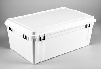 A large white cooler sitting on top of a table.