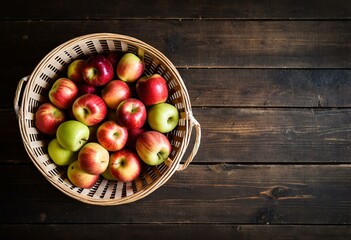 A basket full of red and green apples on a wooden table.