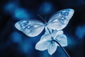 A delicate blue butterfly with translucent wings rests gently on a white flower, a serene moment in nature.