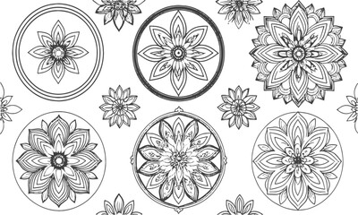 Set of six circular modern vector mandala-style ornaments with a floral pattern, easily scalable and editable.