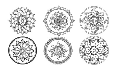 Set of six circular modern vector mandala-style ornaments with a floral pattern, easily scalable and editable.