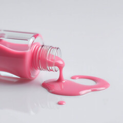 Spilled nail polish bottle with pink polish dripping.