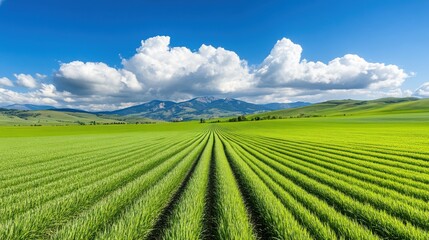 Lush Green Fields Under Bright Blue Sky with Majestic Mountains