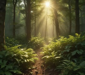 Obraz premium Golden sunbeams filter through dense, green leaves, illuminating the forest floor , artwork, pattern