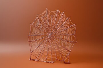 Obraz premium Intricate spiderweb glistening with dew, displayed against a warm orange background.