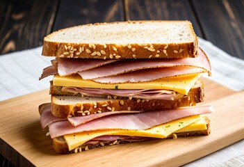 A ham and cheese sandwich on a wooden cutting board.