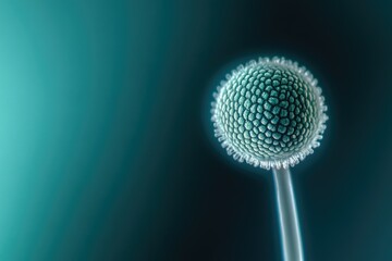Close-up of a spherical, textured fungal spore on a stem against a teal background.